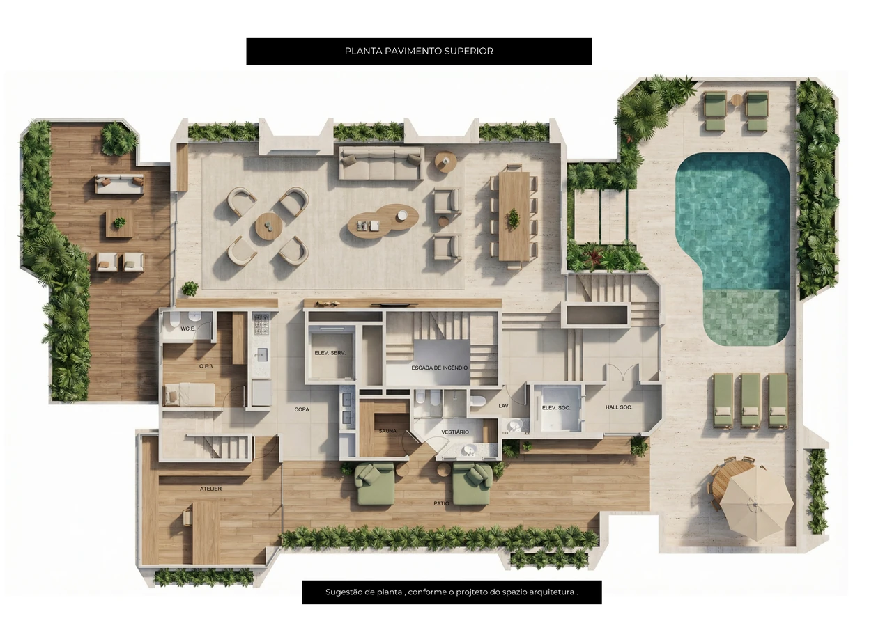 Planta ilustrativa do pavimento superior do estudo de modernização; não é a planta atual