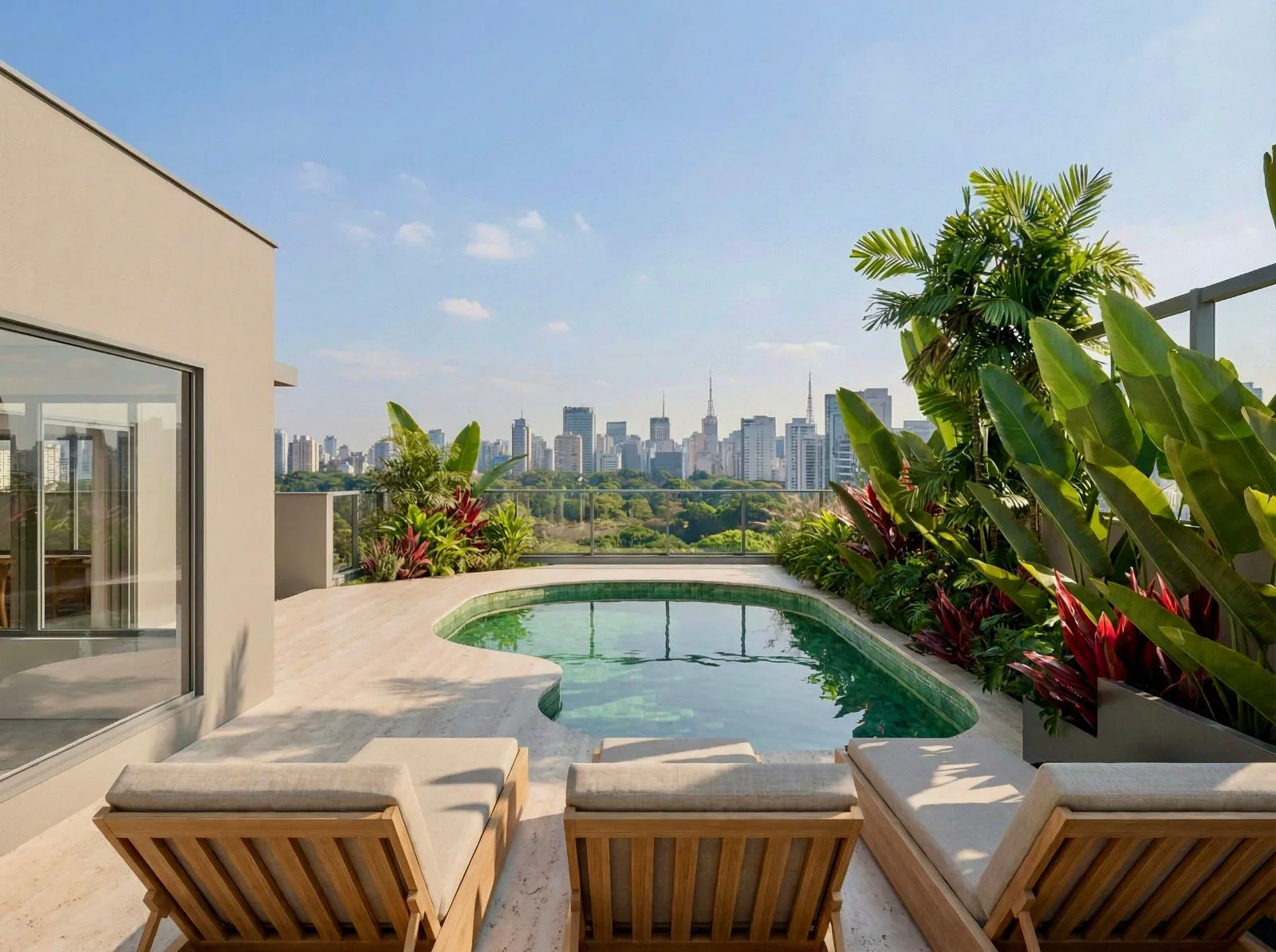 Perspectiva ilustrativa do projeto de modernização para a piscina e o paisagismo no rooftop